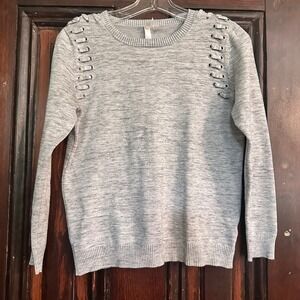Gray Marled Crewneck Sweater‎ Lace Up Shoulder Detail Soft Knit Top